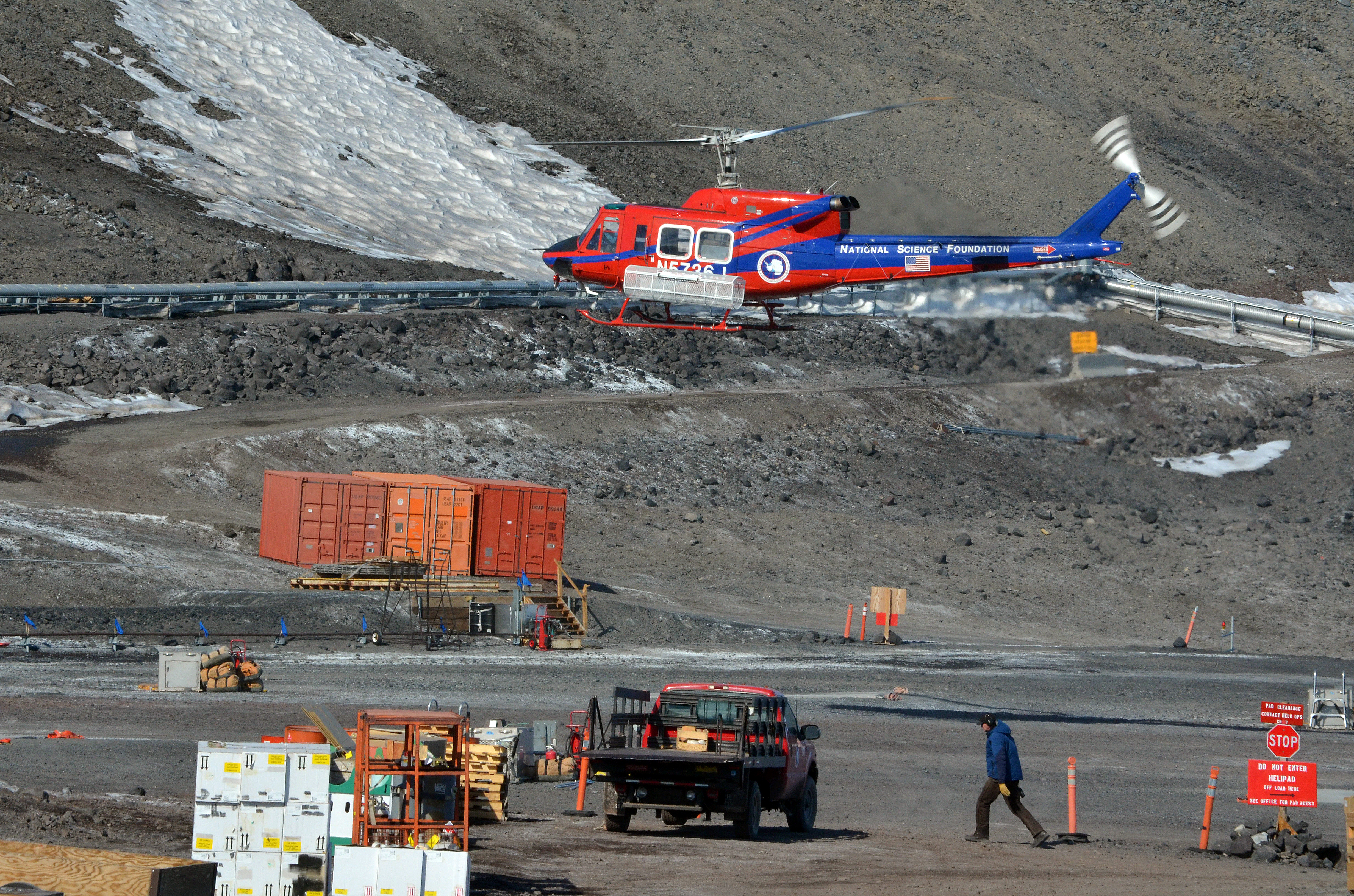 Helicopter takes off.