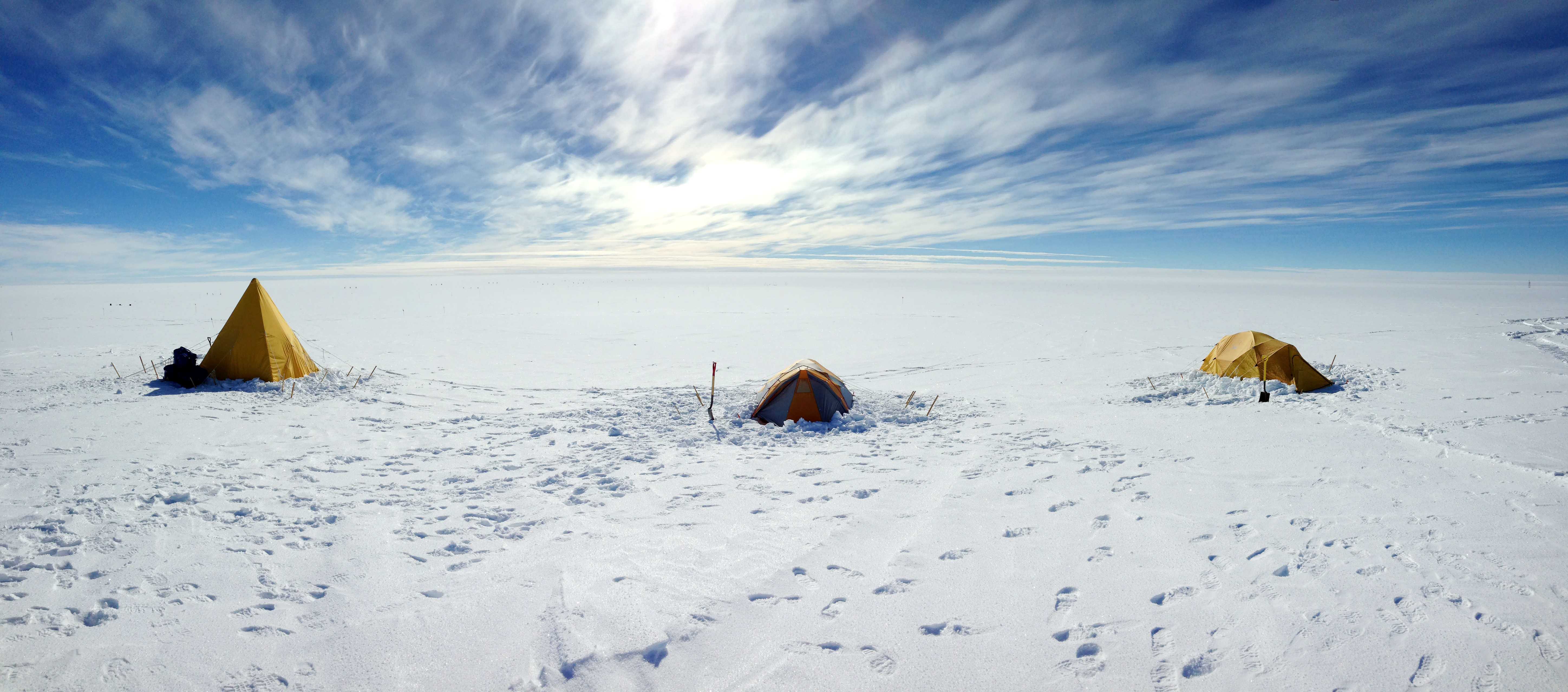 Tents are set up on the polar plateau.