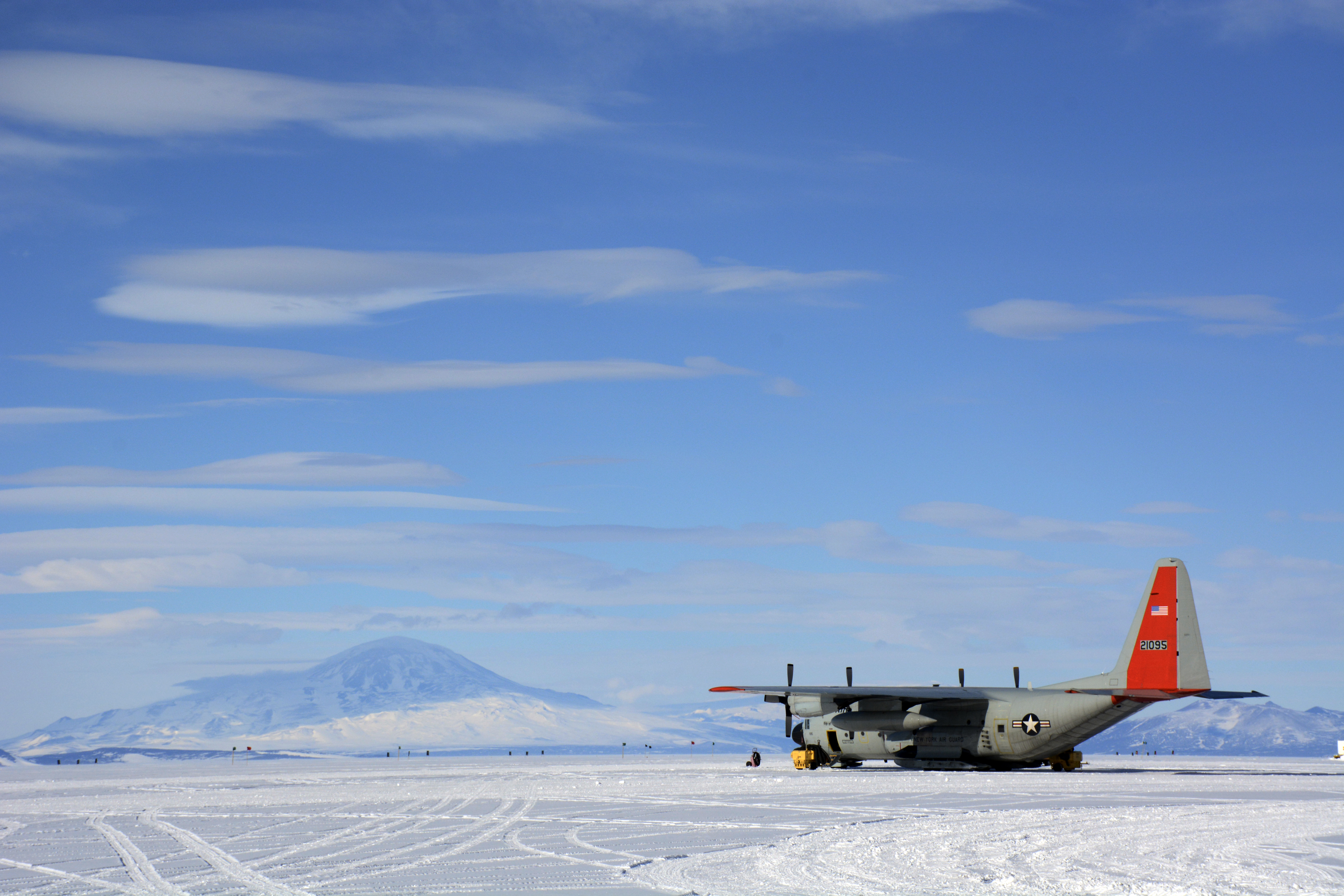 Airplane sits on ice.